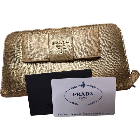 Prada + Authenticity Card Gold Saffiano Leather Prada long zippy wallet bow COA - Picture 3 of 7
